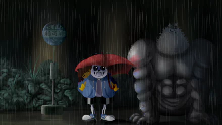 HD desktop wallpaper featuring Sans and Frisk from Undertale with Greater Dog under a red umbrella in a rainy scene inspired by My Neighbor Totoro.