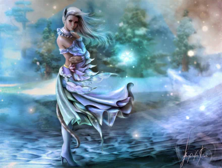 A fantasy HD desktop wallpaper depicting a woman with white hair and animal ears standing in a snowy, mystical landscape.