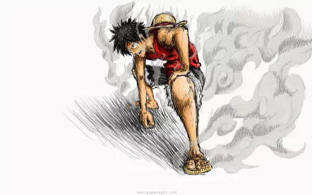 HD anime wallpaper featuring Monkey D. Luffy from One Piece in his Gear 2 form, poised dynamically with smoke swirling around him.