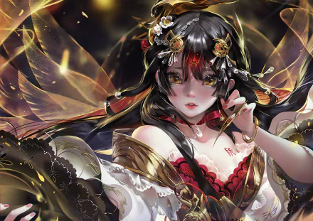 Anime-inspired HD desktop wallpaper featuring an original character with long black hair adorned with flowers and a ribbon, detailed wings, and an elaborate dress.