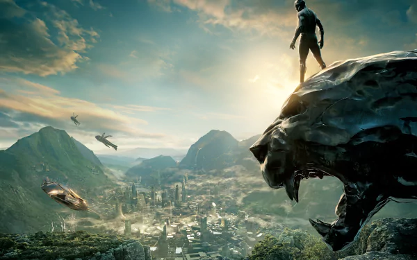 HD desktop wallpaper featuring Black Panther from the Marvel Comics movie, with Black Panther standing heroically atop a statue overlooking the futuristic city of Wakanda at sunset.