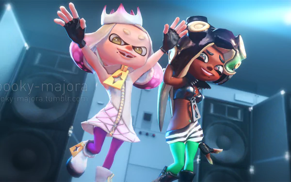 HD PC desktop wallpaper featuring Pearl and Marina from the video game Splatoon 2 in a vibrant, energetic pose on stage.