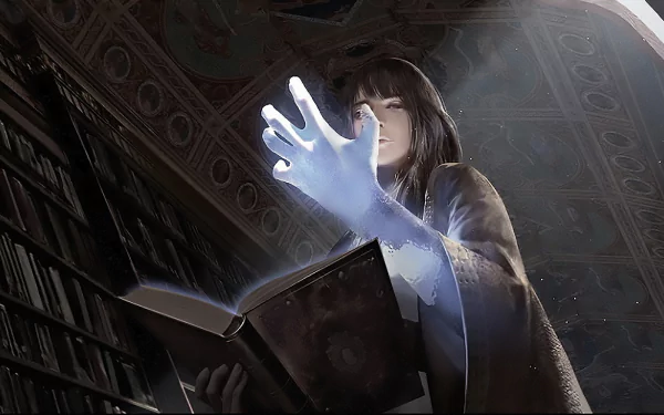 Anime-style mage casting magic from a glowing book in a dark, ornate library. HD PC desktop wallpaper with an original fantasy theme.