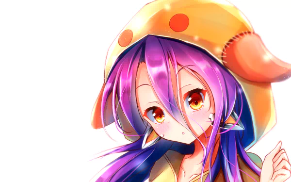 HD desktop wallpaper featuring Shuvi Dola from No Game No Life: Zero. The anime character has vibrant purple hair, expressive orange eyes, and is wearing a unique hat.