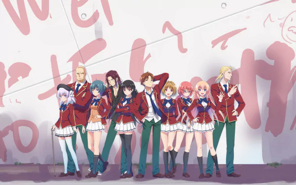 HD desktop wallpaper featuring characters Suzune Horikita and Kikyō Kushida from the anime 'Classroom of the Elite,' dressed in red blazers, posing confidently in front of a graffiti-covered wall.