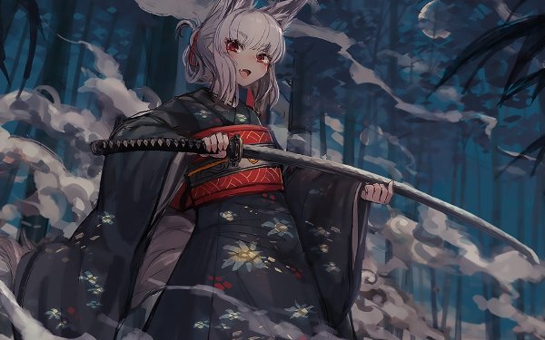 Anime Original Katana Kimono Nekomimi Fangs HD Wallpaper | Background Image