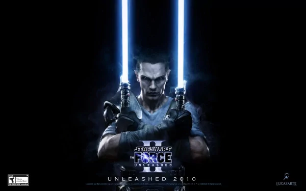 HD PC desktop wallpaper featuring a character from the video game Star Wars: The Force Unleashed II wielding two blue lightsabers with intense focus.