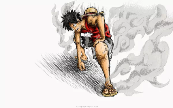 HD anime wallpaper featuring Monkey D. Luffy from One Piece in his Gear 2 form, poised dynamically with smoke swirling around him.