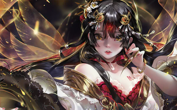 Anime-inspired HD desktop wallpaper featuring an original character with long black hair adorned with flowers and a ribbon, detailed wings, and an elaborate dress.