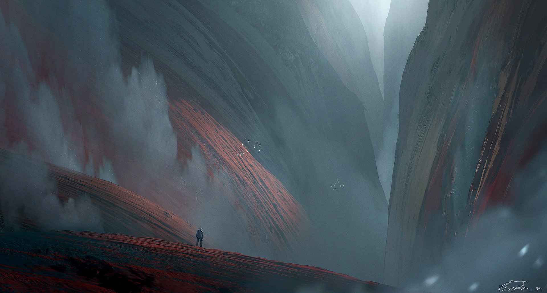 HD sci-fi desktop wallpaper featuring a lone astronaut exploring a mysterious, towering alien landscape shrouded in mist and dramatic light.