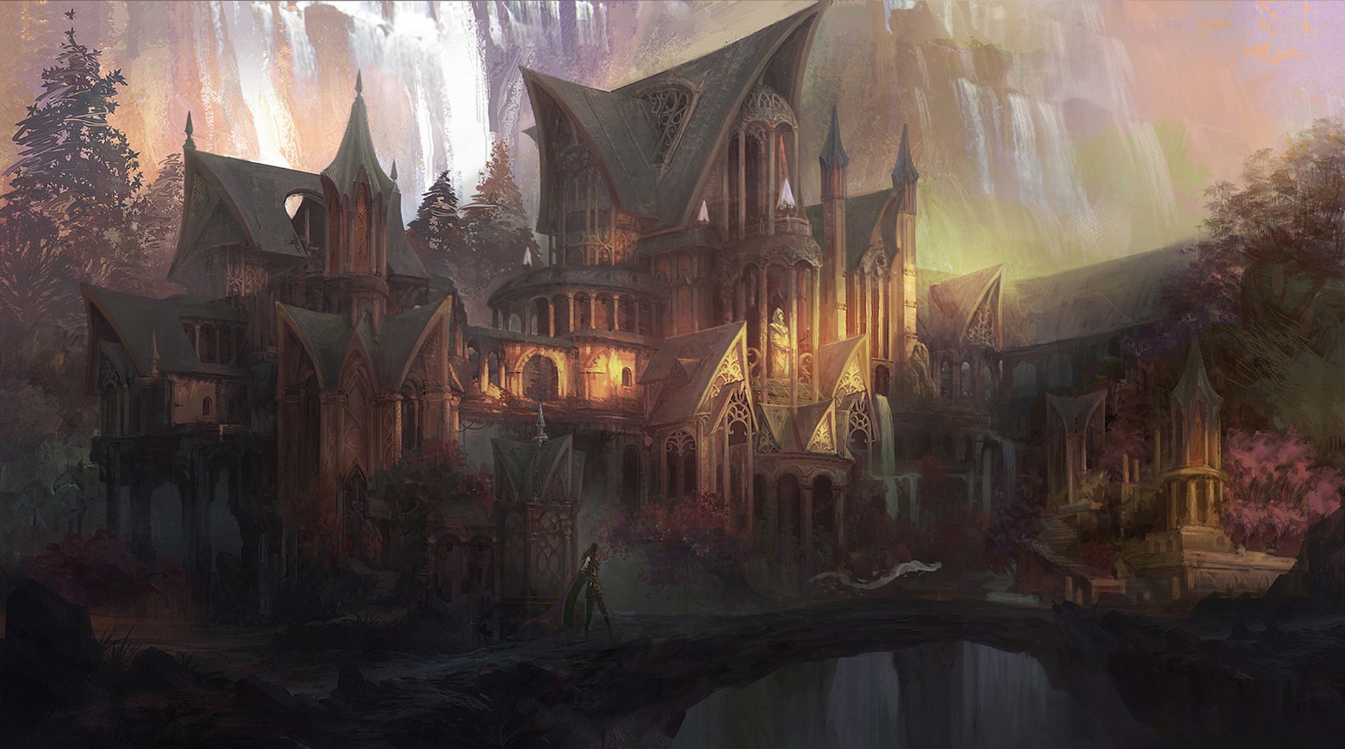 Fantasy building HD PC desktop wallpaper and background: a grand, glowing gothic manor with spires and arched bridges beneath a misty waterfall, reflected in a dark river.