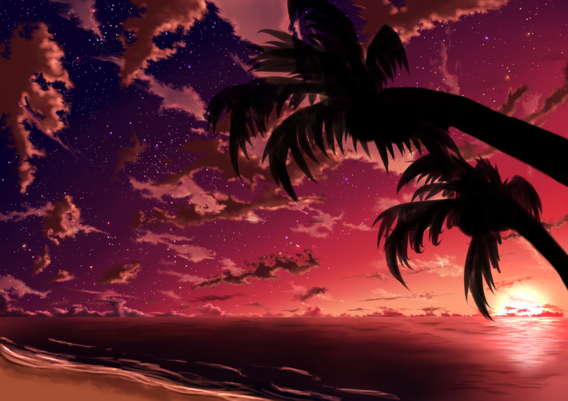 Original 4K Ultra HD anime beach PC desktop wallpaper: silhouetted palms framing a crimson-orange sunset over a calm ocean, stars beginning to appear in the twilight sky.