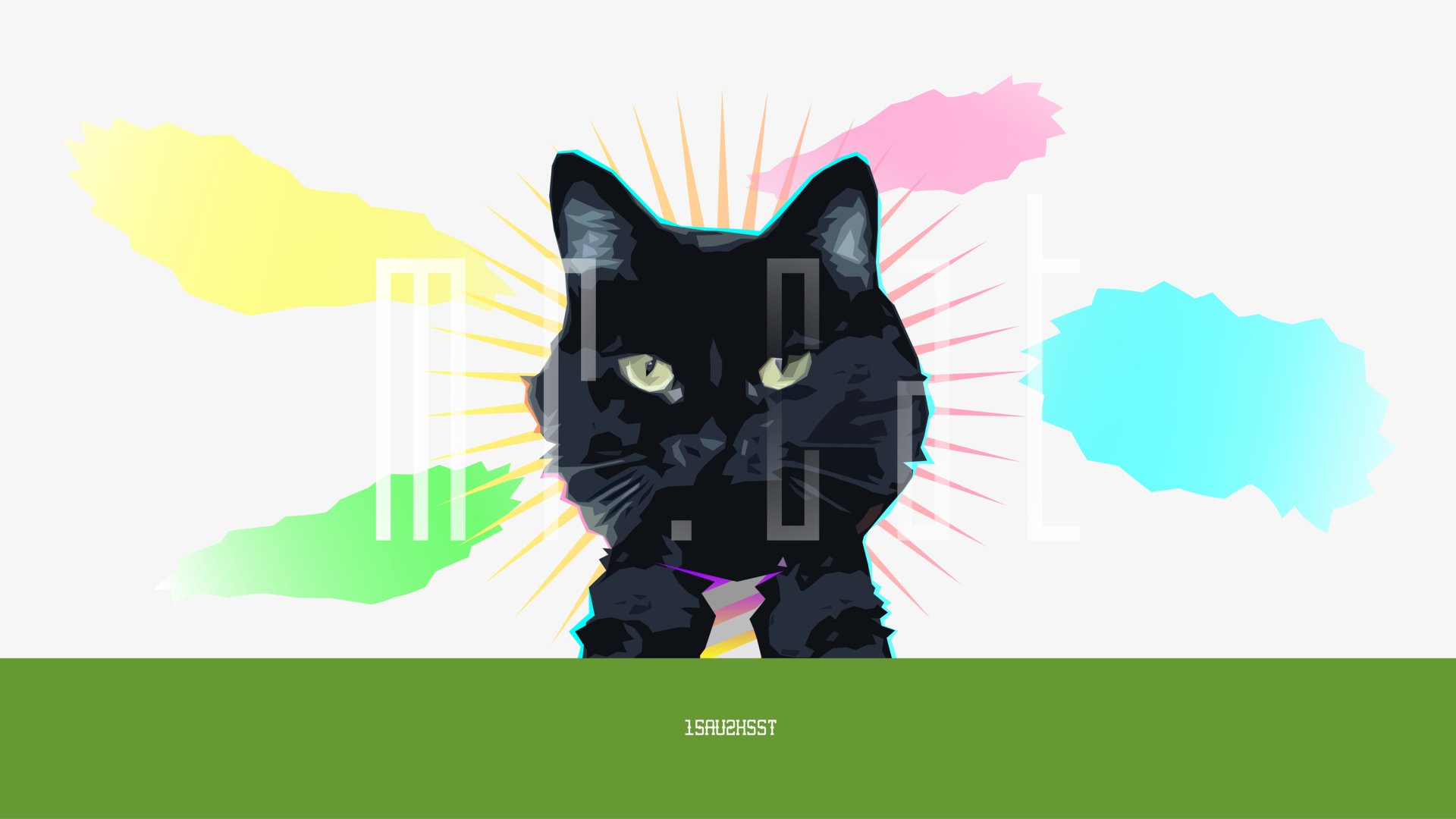 Vector HD desktop wallpaper featuring a black cat wearing a tie against a white background with colorful cloud-like shapes.
