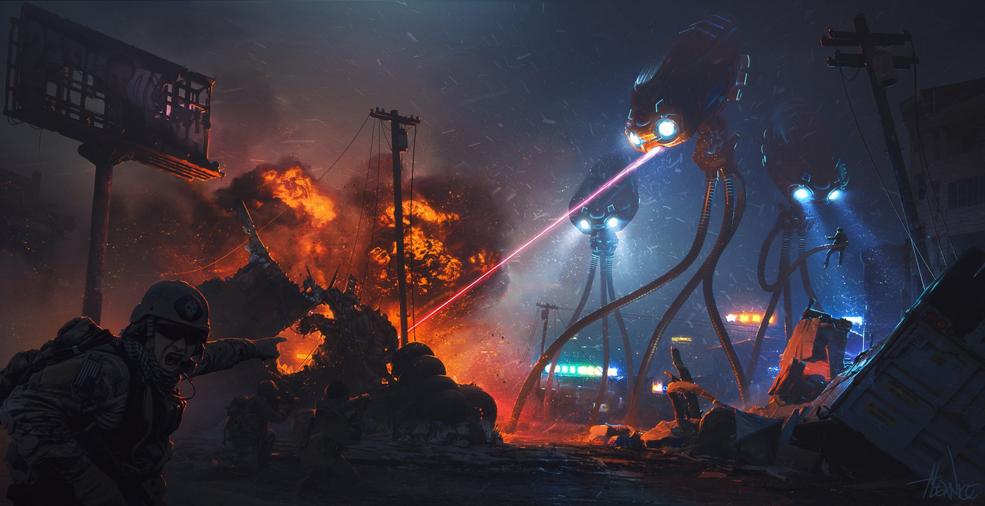 A sci-fi HD desktop wallpaper depicting a soldier at night amid explosions, as towering alien machines fire lasers in a chaotic battle scene.