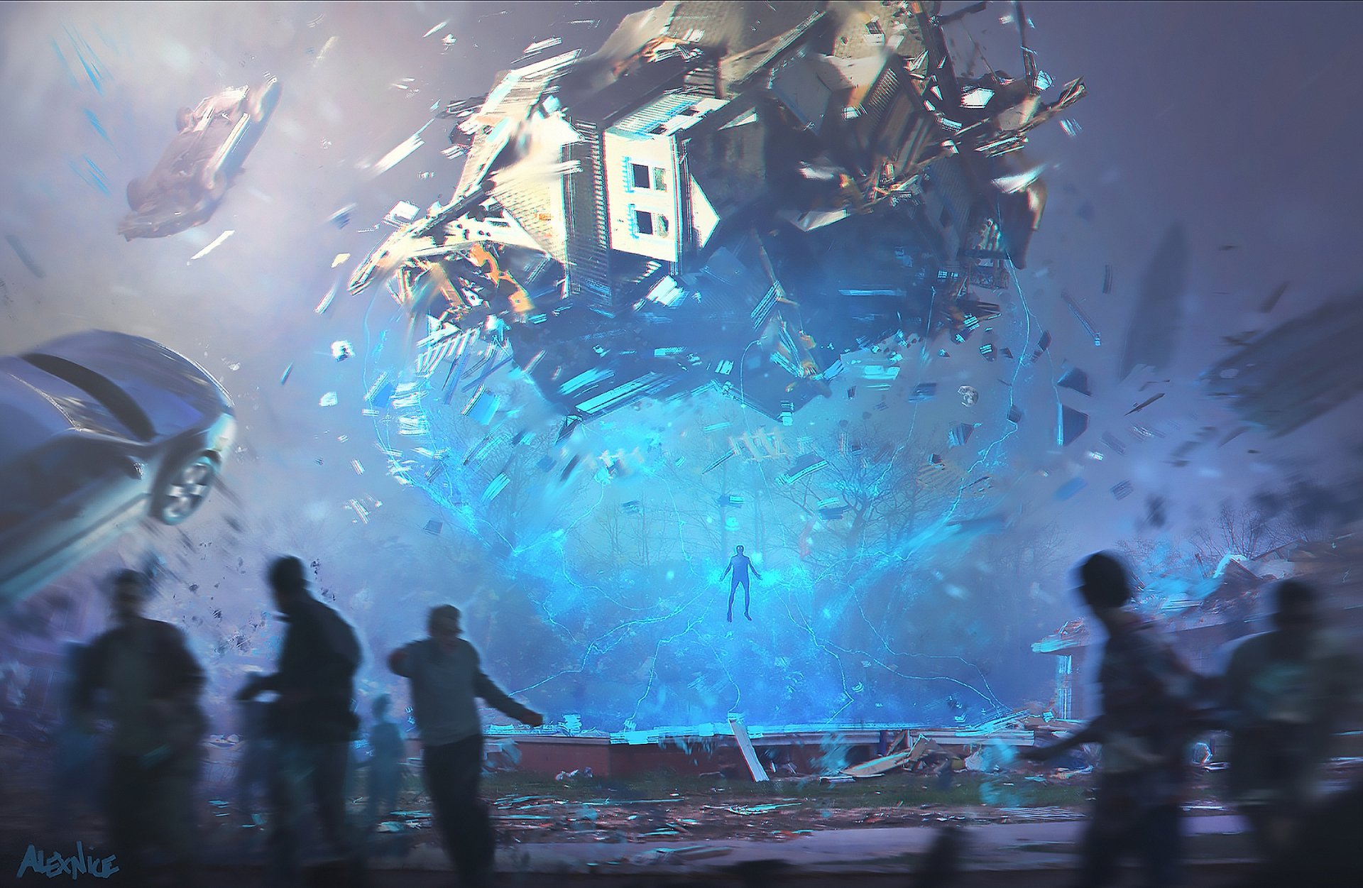HD sci-fi desktop wallpaper depicting people observing a glowing, fragmented futuristic structure floating in a blue-lit, otherworldly environment.