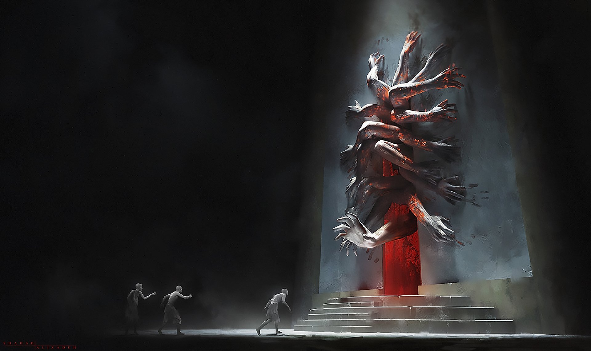 A fantasy creature with multiple arms emerging from a glowing red doorway atop stone steps, set against a dark, shadowy background in an HD PC desktop wallpaper.