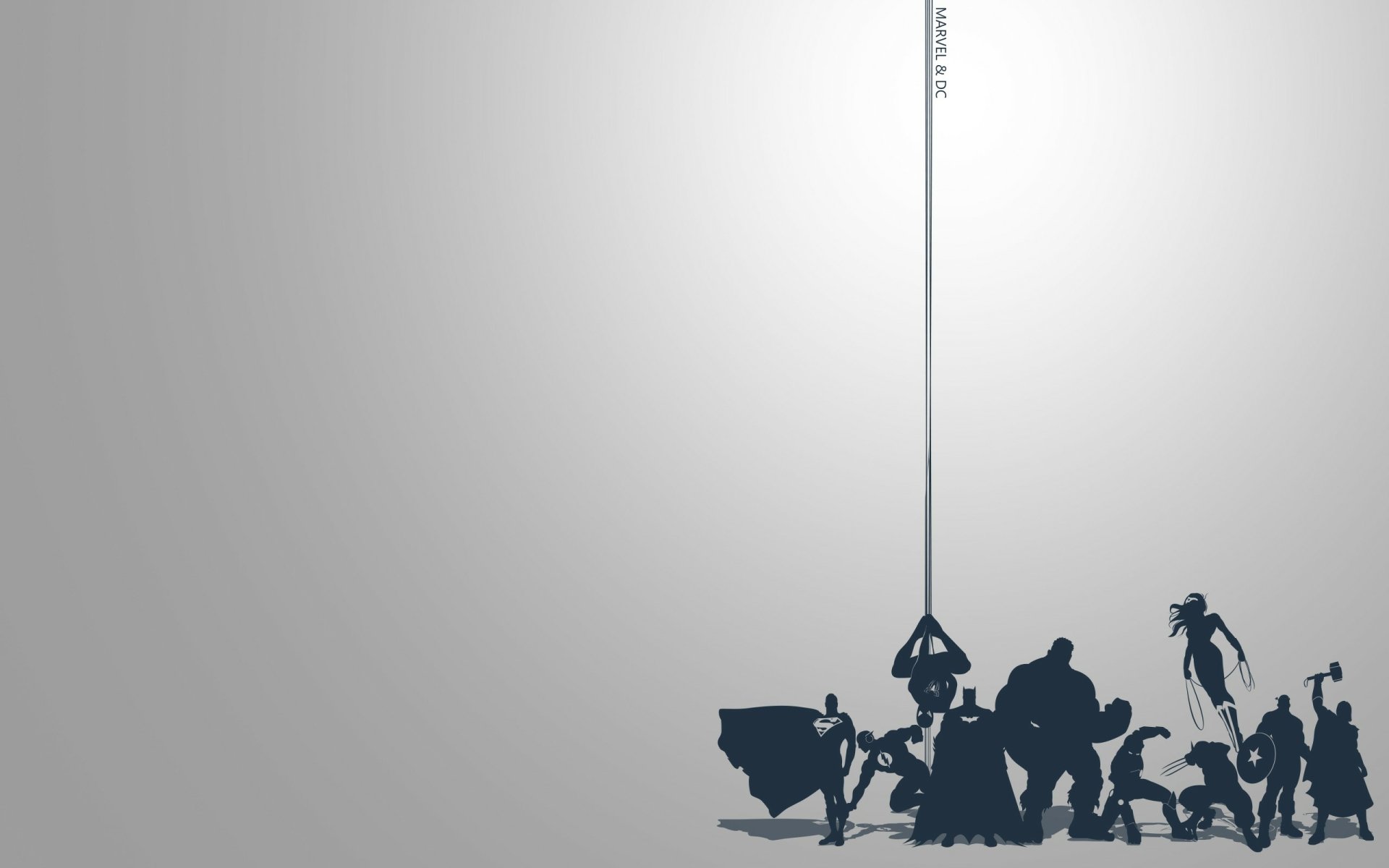 HD desktop wallpaper featuring a silhouette crossover of iconic superheroes including Iron Man, Thor, Captain America, Wonder Woman, Wolverine, Hulk, Batman, Spider-Man, Flash, and Superman in a minimalist design.
