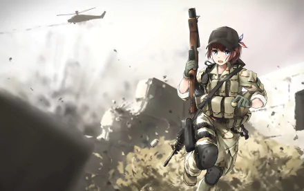 HD anime desktop wallpaper depicting a female soldier in combat gear running through a warzone with a helicopter flying overhead, blending original art with intense action.