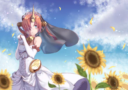 HD PC desktop wallpaper featuring Frankenstein as Berserker of Black from the anime Fate/Apocrypha, standing among sunflowers under a bright blue sky.