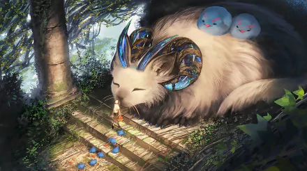 HD desktop wallpaper featuring an original anime scene with a giant, horned creature resting peacefully in a forest. A small figure stands before it, accompanied by small blue creatures.