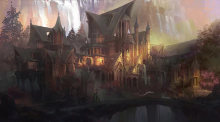 Fantasy building HD PC desktop wallpaper and background: a grand, glowing gothic manor with spires and arched bridges beneath a misty waterfall, reflected in a dark river.