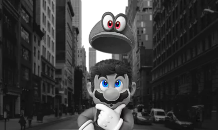 HD desktop wallpaper of Mario and Cappy from Super Mario Odyssey, with Mario contemplating in a grayscale city background.