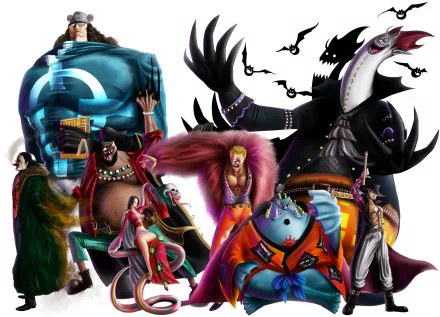 HD wallpaper featuring characters Gekko Moriah, Donquixote Doflamingo, Dracule Mihawk, Boa Hancock, Crocodile, Marshall D. Teach, Bartholomew Kuma, and Jinbe from the anime One Piece.