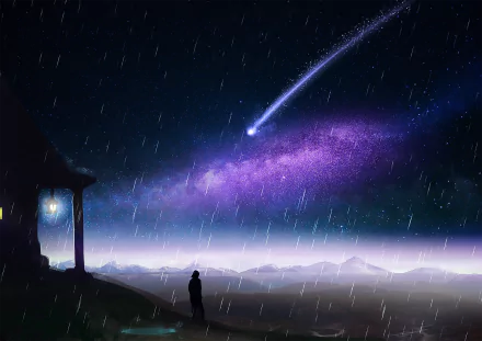 Anime original HD PC wallpaper: lone figure on a rainy night watches a shooting star streak across a purple, starry sky above misty mountains.