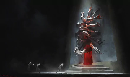 A fantasy creature with multiple arms emerging from a glowing red doorway atop stone steps, set against a dark, shadowy background in an HD PC desktop wallpaper.