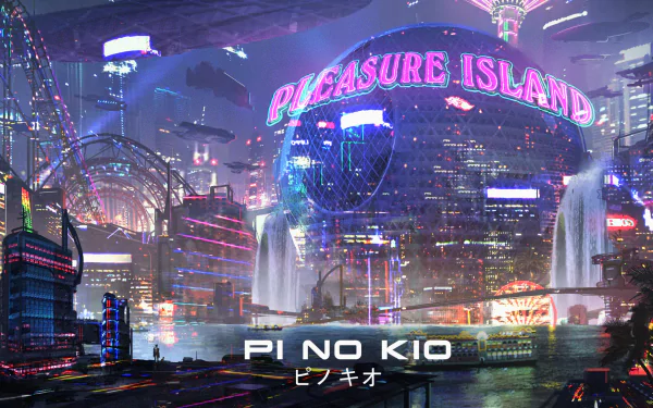 Vibrant cyberpunk cityscape featuring a futuristic sci-fi city with neon lights and towering structures. Text on the image includes Pleasure Island and PI NO KIO. HD desktop wallpaper and background.