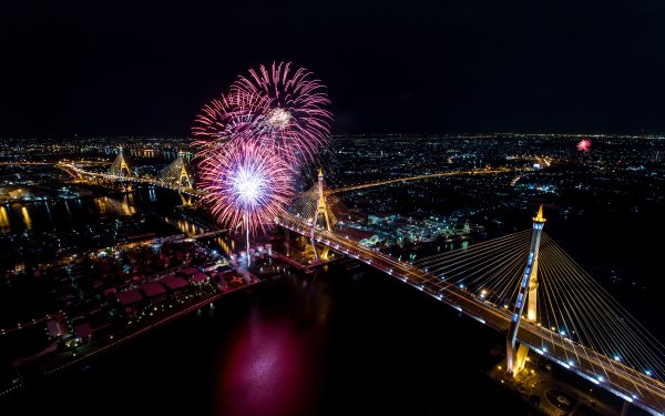 Photography Fireworks Night Cityscape Light Colorful Bridge Thailand Bangkok HD Wallpaper | Background Image