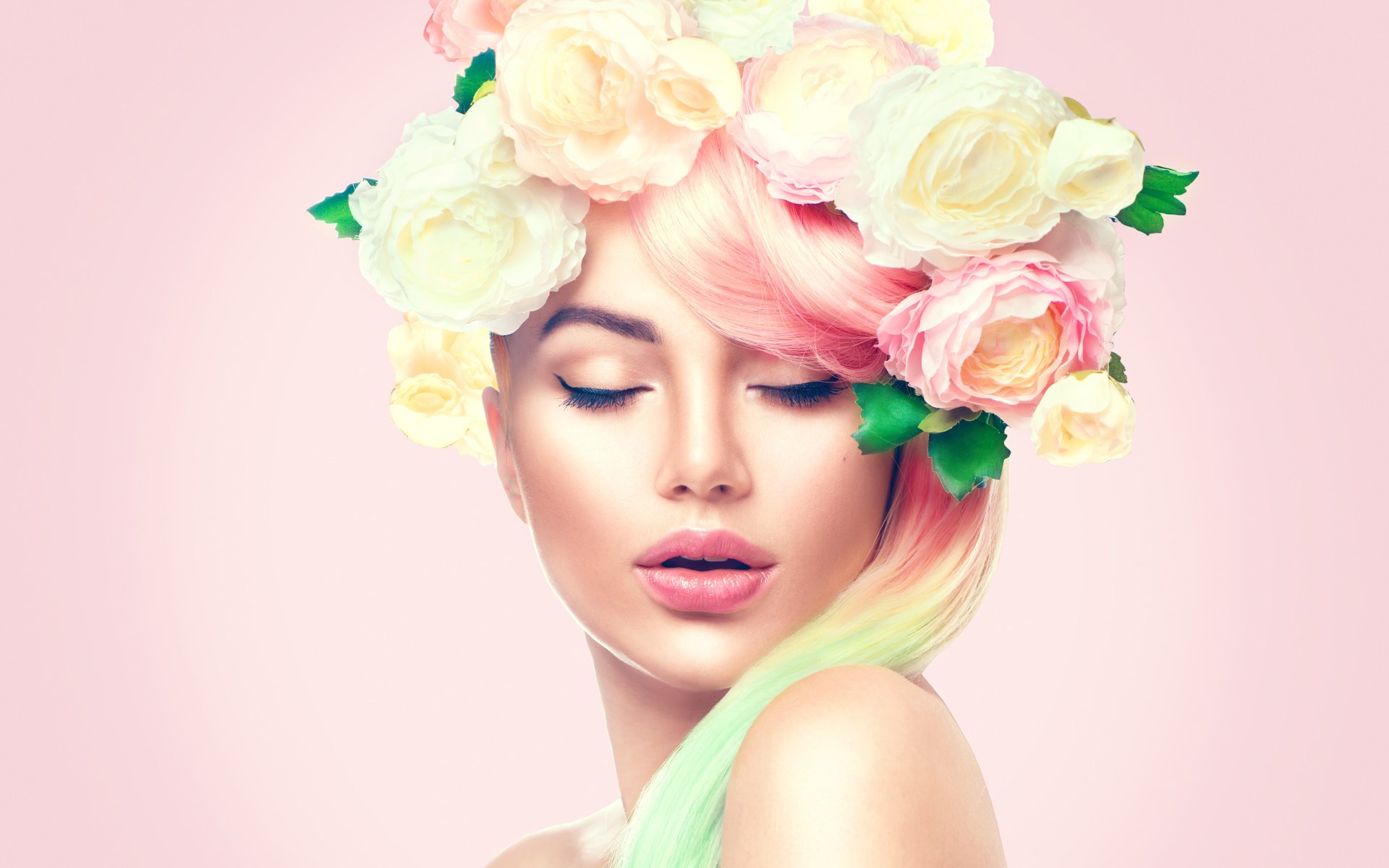 Download Flower Wreath Pink Hair Mood Face Woman Model HD Wallpaper