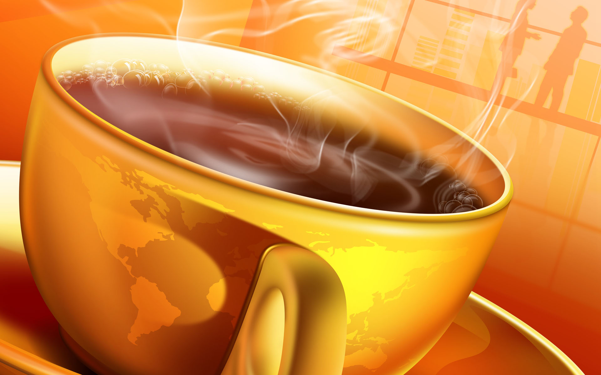 Steaming coffee in a world map-themed cup against an orange background for an HD desktop wallpaper.