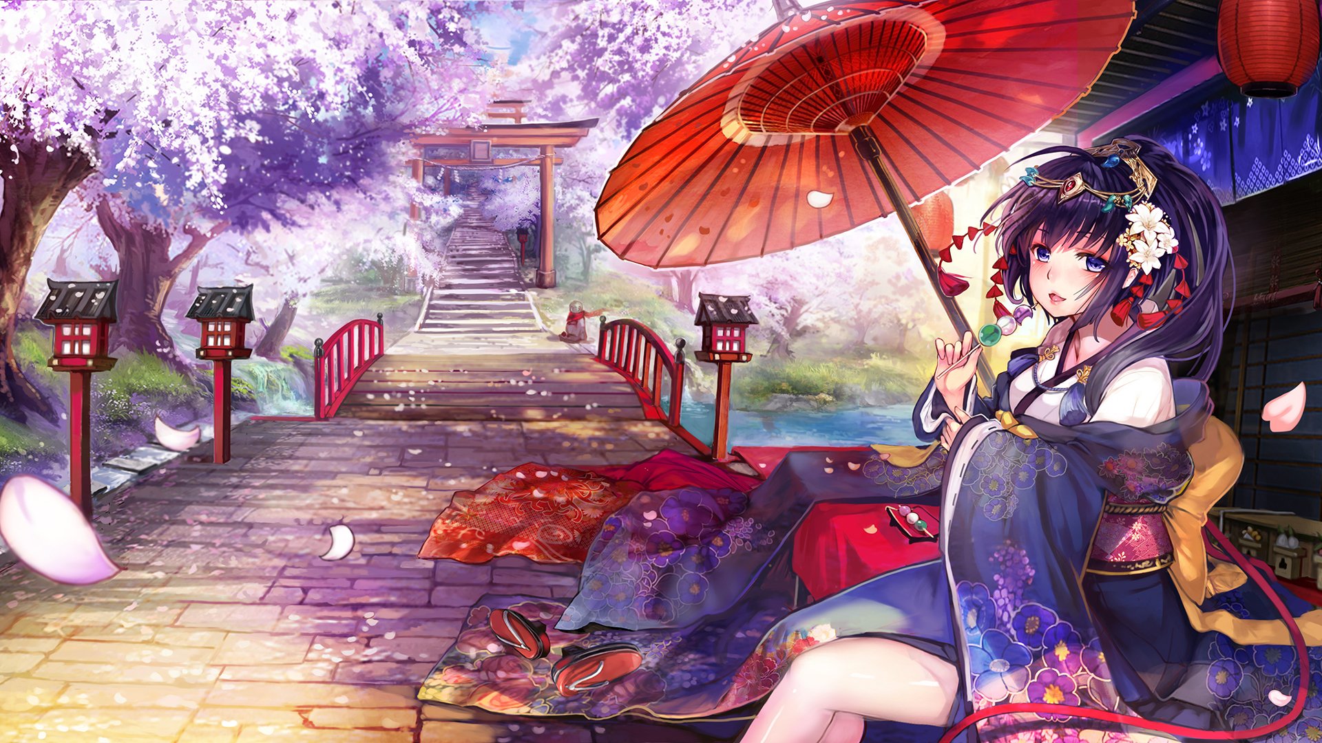 HD desktop wallpaper featuring an original anime artwork of a girl in traditional attire holding a parasol, set against a vibrant backdrop of cherry blossoms and a serene bridge.