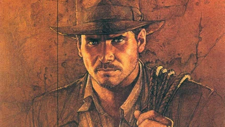 HD desktop wallpaper featuring a close-up of Indiana Jones from Raiders of the Lost Ark, showcasing his iconic outfit and determined expression against a textured background.