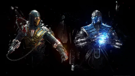 HD desktop wallpaper featuring Mortal Kombat characters Sub-Zero and Scorpion preparing for battle, set against a dark background.