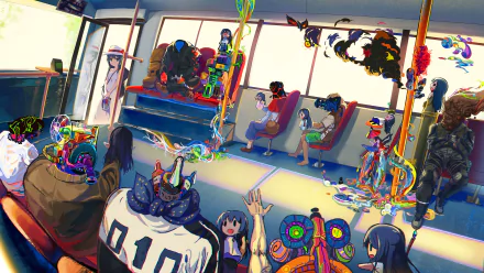 Anime-style HD desktop wallpaper depicting a fantasy bus scene with colorful characters and vibrant backgrounds.
