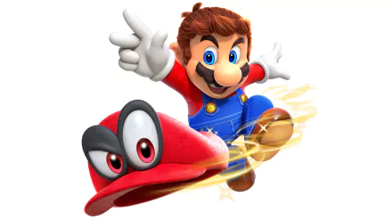 HD desktop wallpaper featuring Mario from the video game Super Mario Odyssey, showing him in his iconic red hat and blue overalls, performing a dynamic jump with his hat Cappy.