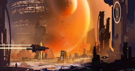 A futuristic sci-fi cityscape with towering buildings, flying vehicles, and a large glowing planet in the background, rendered in 4K Ultra HD for PC desktop wallpaper.