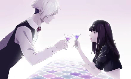 A high-definition Death Parade wallpaper featuring Decim with white hair and Chiyuki with purple hair, clinking glasses in a serene, pastel-toned setting.
