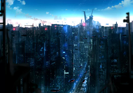 HD anime wallpaper featuring a futuristic sci-fi city with towering skyscrapers, flying vehicles, and a backdrop of a blue sky blending into dawn.