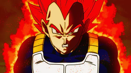 HD wallpaper featuring Vegeta in Super Saiyan God form from Dragon Ball Super, with vivid red hair and intense flames in the background.
