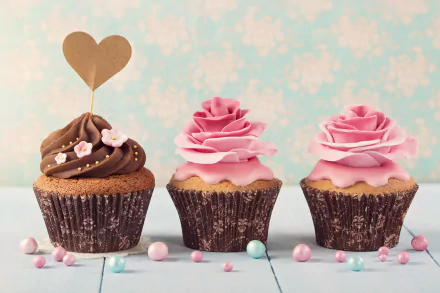 Three cupcakes with chocolate and pink cream icing decorated with small candy pearls, displayed against a pastel floral background in 4K Ultra HD resolution.