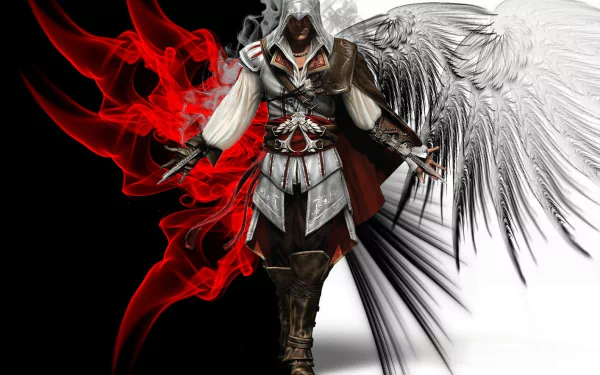 HD PC desktop wallpaper featuring a character from the video game Assassin's Creed II with contrasting red and white wings against a black and white background.