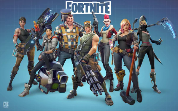 HD desktop wallpaper and background featuring characters from the video game Fortnite, standing in a group with the Fortnite logo positioned above them.