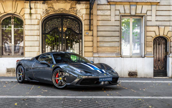 HD desktop wallpaper featuring a sleek black Ferrari 458 supercar parked on a city street in front of a classic building.