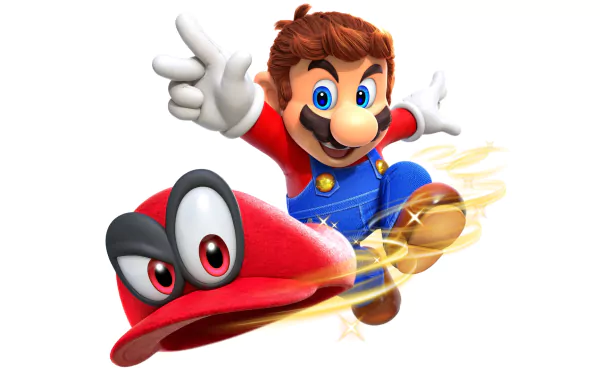 HD desktop wallpaper featuring Mario from the video game Super Mario Odyssey, showing him in his iconic red hat and blue overalls, performing a dynamic jump with his hat Cappy.