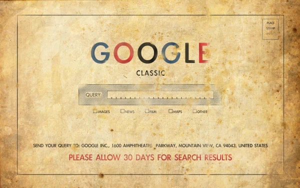 Vintage-style Google search page wallpaper, featuring a humorous send your query note to Google's address with a 30-day search result disclaimer. HD desktop background with a nostalgic, worn paper texture.