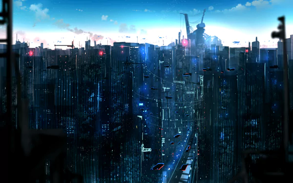 HD anime wallpaper featuring a futuristic sci-fi city with towering skyscrapers, flying vehicles, and a backdrop of a blue sky blending into dawn.