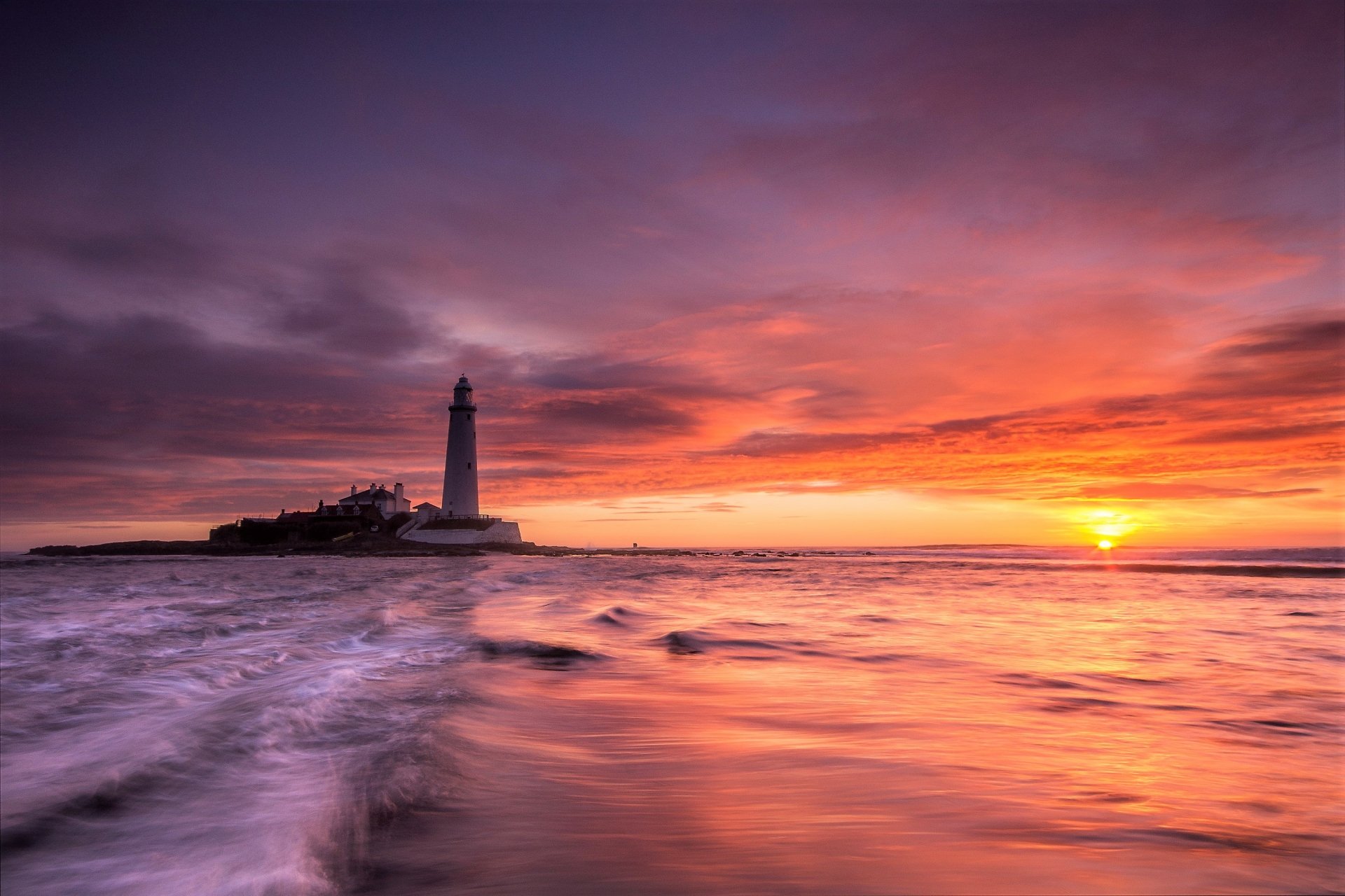 Download Sky Horizon Sunset Sea Ocean Man Made Lighthouse HD Wallpaper